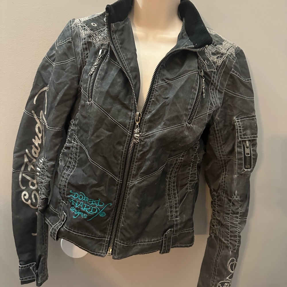 Ed Hardy Dark Grey Moto Jacket with Tiger Embroidery Y2K Biker Grunge Alt - Picture 6 of 10